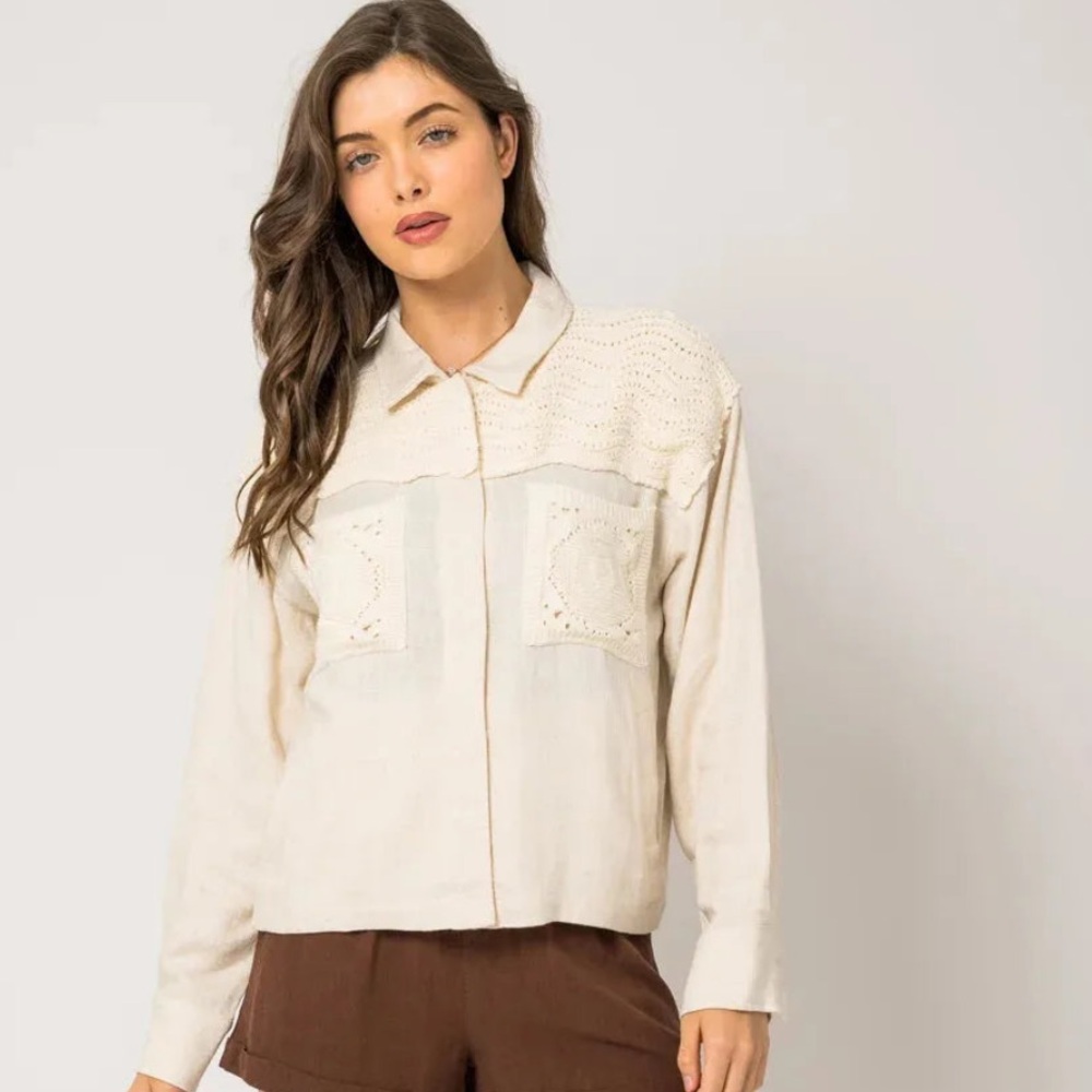 Gilli Linen Blend Crochet Long Sleeve Shirt Jacket Cream Small